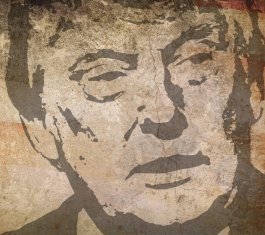 Donald Trump: Cranky old man Illustration of Donald Trump with faded American flag in the background