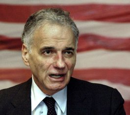 Ralph Nader in front of an American flag
