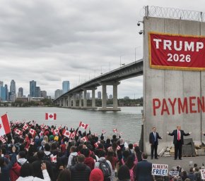 Composite image of the Gordy Howe bridge and a Trump 2026 sign. 