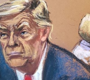 Illustration of Donald Trump in court for his defamation trial 