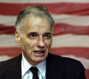 Ralph Nader in front of an American flag