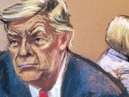 Illustration of Donald Trump in court for his defamation trial 