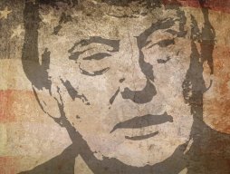 Donald Trump: Cranky old man Illustration of Donald Trump with faded American flag in the background