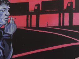 Illustration of a man smoking a cigarette in a parking lot under an overpass with trucks on it.