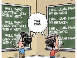 Justin Trudeau and Pierre Poilievre as young students write lines on the blackboard in detention. Poilivre: I will work constructively with others; Trudeau: I will learn from my mistakes. 