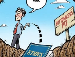 Cartoon of Justin Trudeau tossing a book on Ethics into a bottomless pit