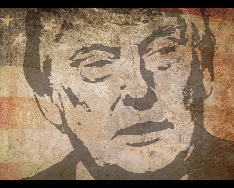 Illustration of Donald Trump with faded American flag in the background