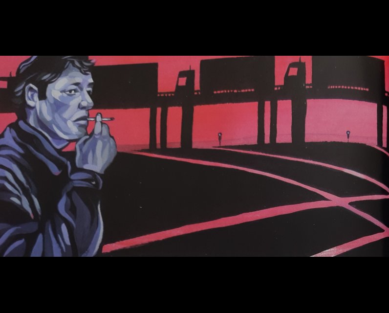 The Watsonics, Part VII: A Poet Goes to City Hall Illustration of a man smoking a cigarette in a parking lot under an overpass with trucks on it.