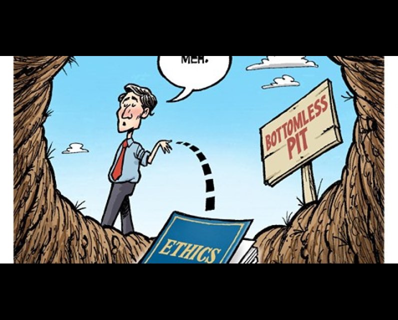 Cartoon of Justin Trudeau tossing a book on Ethics into a bottomless pit