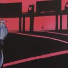 Illustration of a man smoking a cigarette in a parking lot under an overpass with trucks on it.